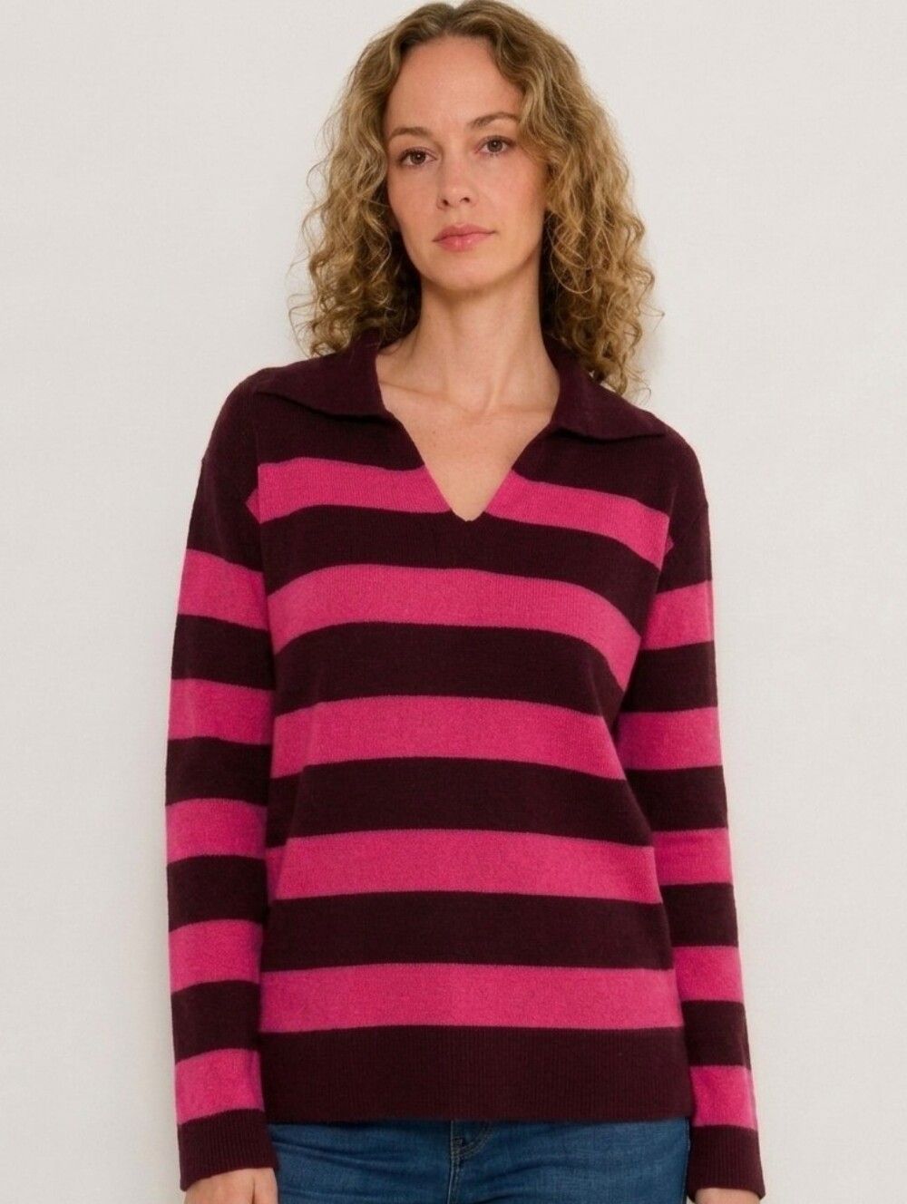 Talbots Pink & Burgundy Striped Collared V-Neck Sweater | Size SP